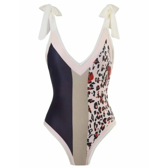 Unbranded Other - Swimsuit Womens Sz M Green Tan Animal Print  One Piece Tie at Shoulder Bows